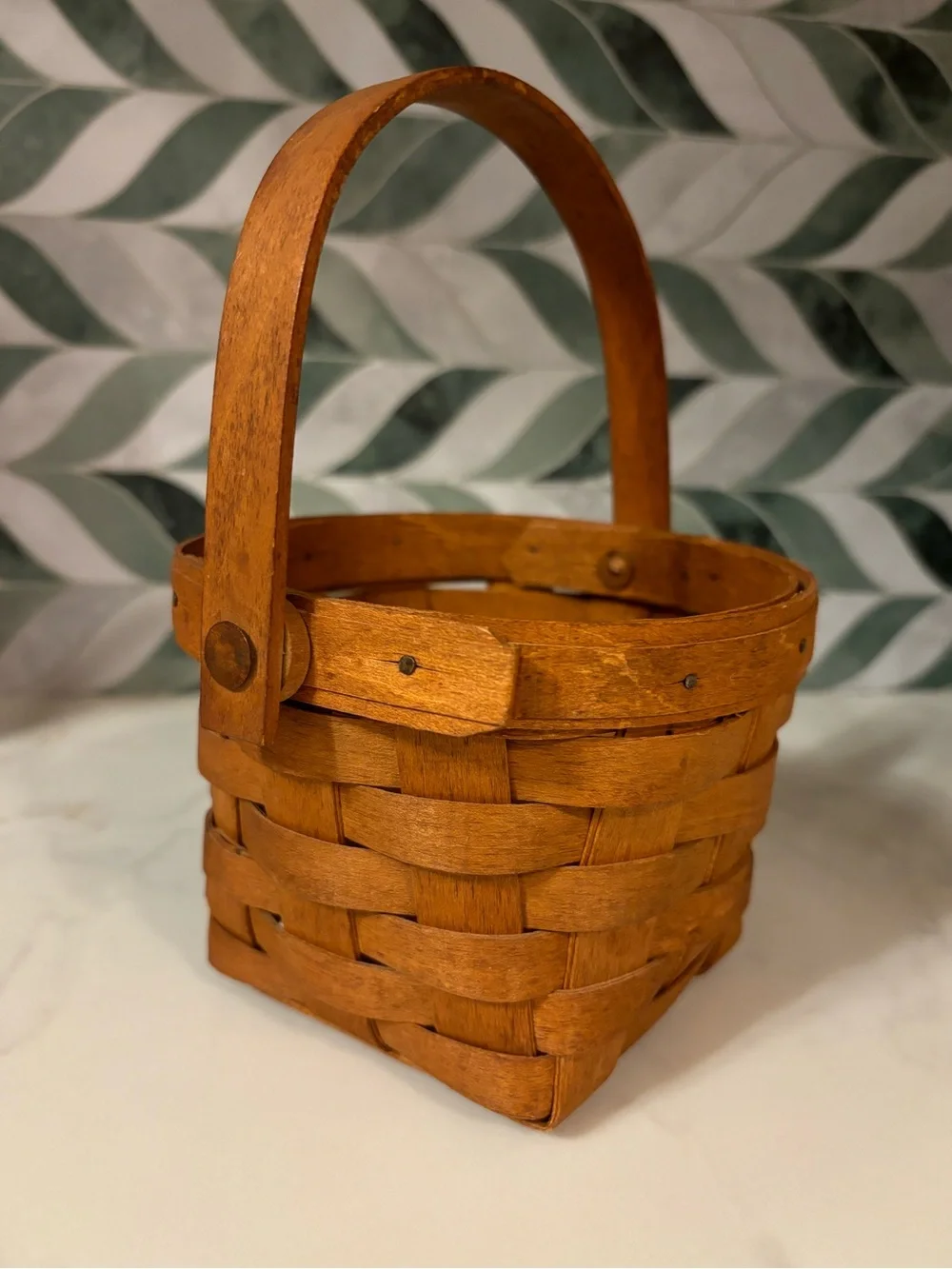 Small Longaberger Woven Wood Basket with Handle, c. 1989